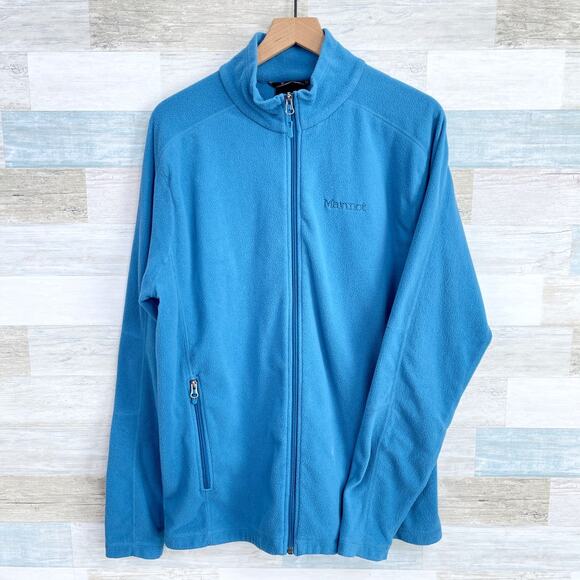 Marmot Fleece Full Zip Basic Jacket Blue Mock Neck Pockets Hiking Mens Large